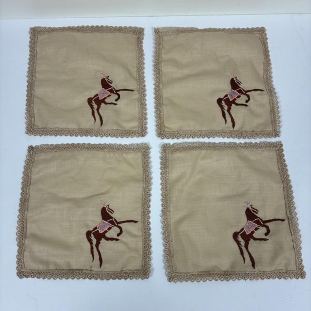 VTG Cocktail Napkins 4‎ Pc Hand Embroidered Horse Western Derby NEW Rare